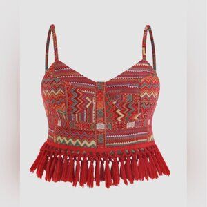 NWT Cider Boho Aztec Woven Fringe Crop Top